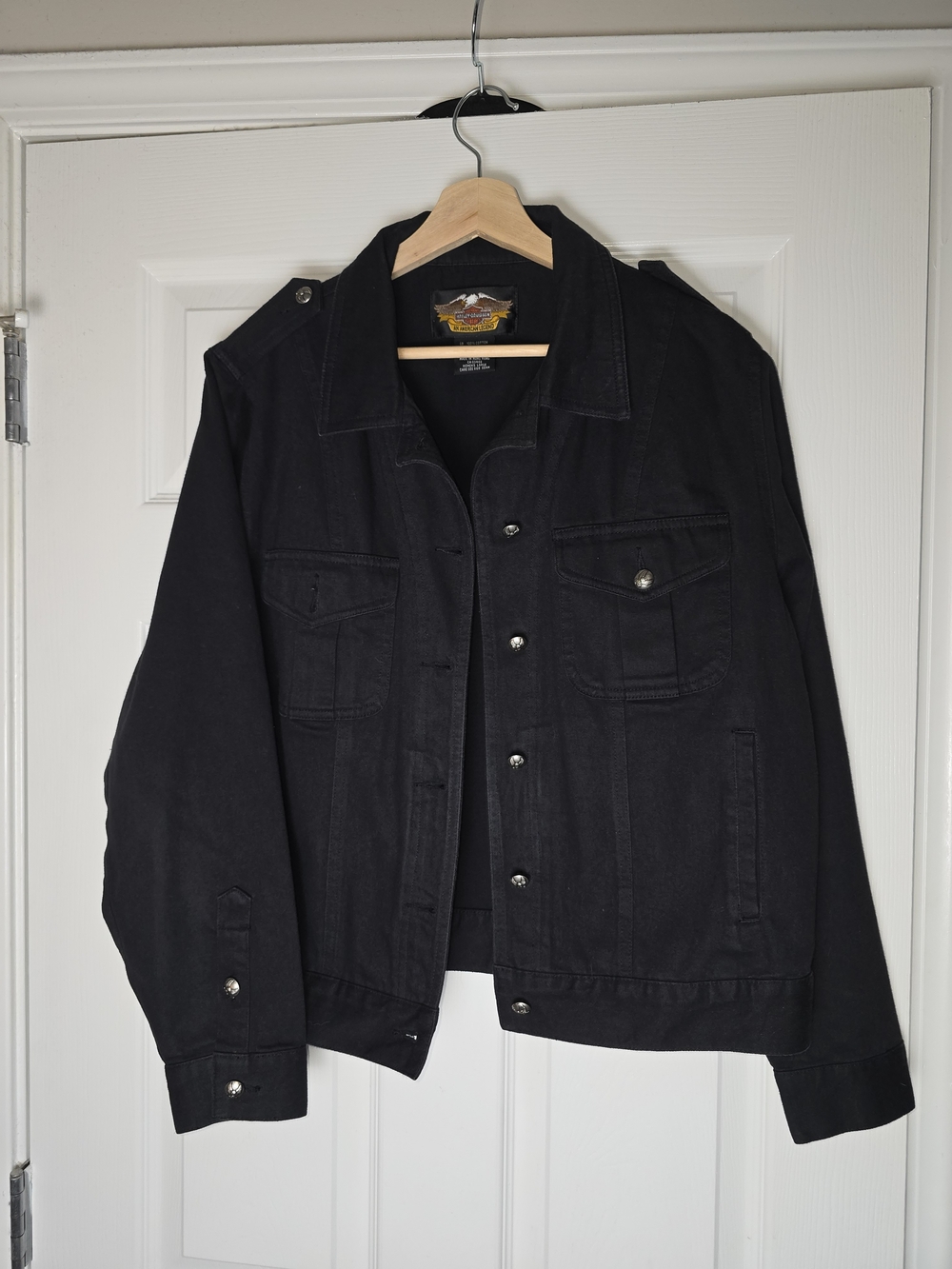 Harley Davidson Vintage 90's Women's Black Denim Jacket Eagle Embossed Buttons L